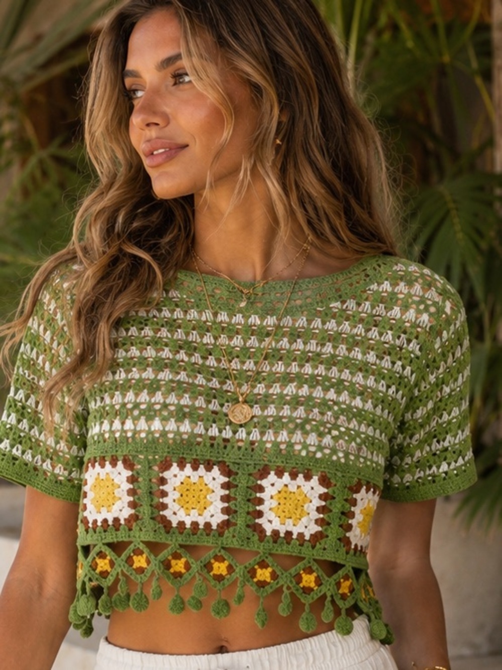 Boho Crochet Crop Top Green Daisy Open Knit Festival Top One Size